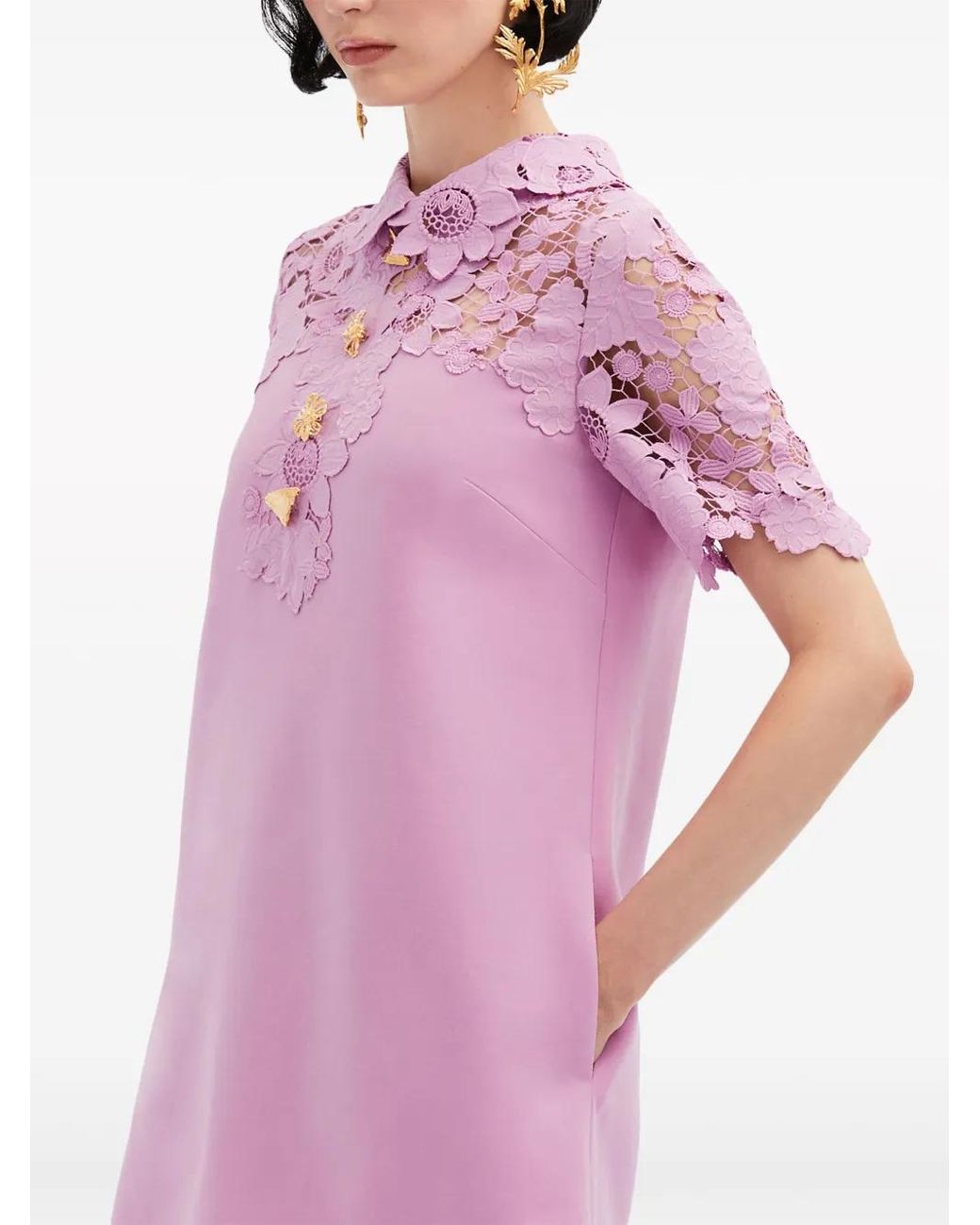 Oscar de la Renta Pink Lace-Trimmed Wool-Blend Minidress