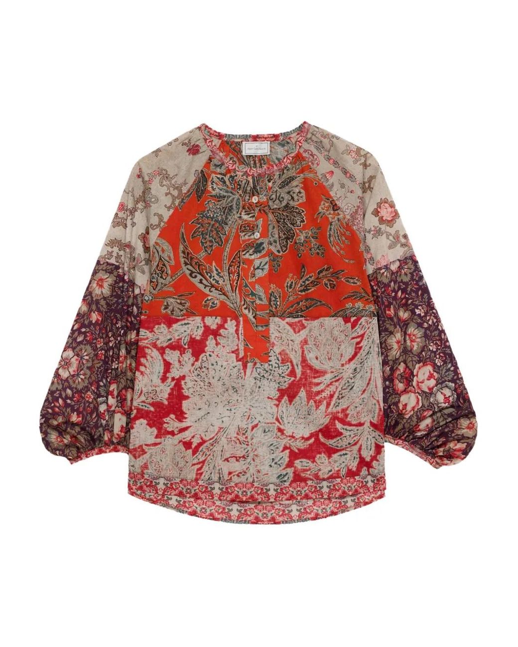 Pierre Louis Mascia Red Dante Patchwork Balloon-Sleeve Shirt
