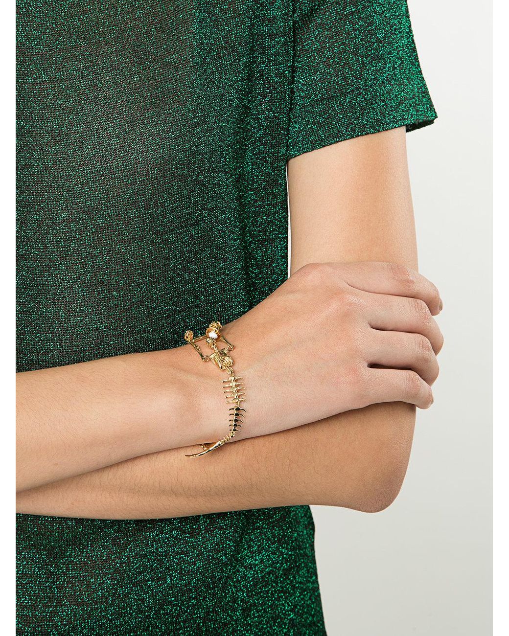 thumbnail image 2 of Gold Tone Skeleton Bracelet – 316L Stainless Steel, Skull Charm, Unisex Statement Jewelry 2 of 3