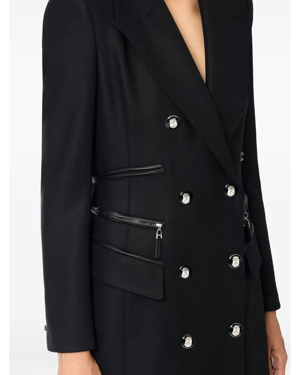 Elisabetta Franchi Black Enamelled Button Double-Breasted Coat