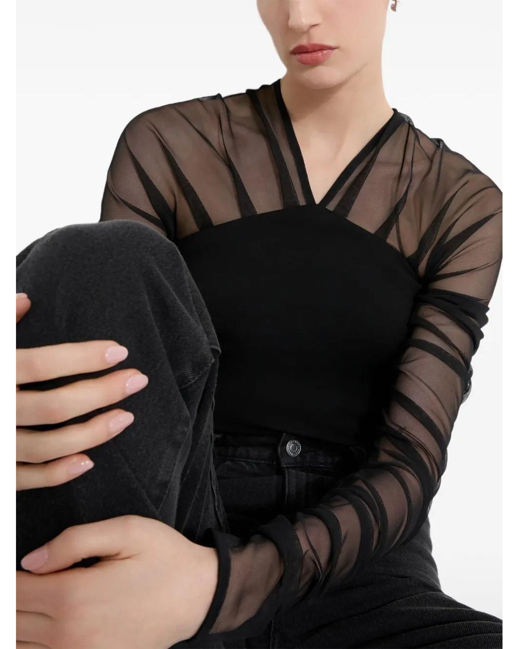 MARCELLA Black Lita Mesh-Sleeves Blouse