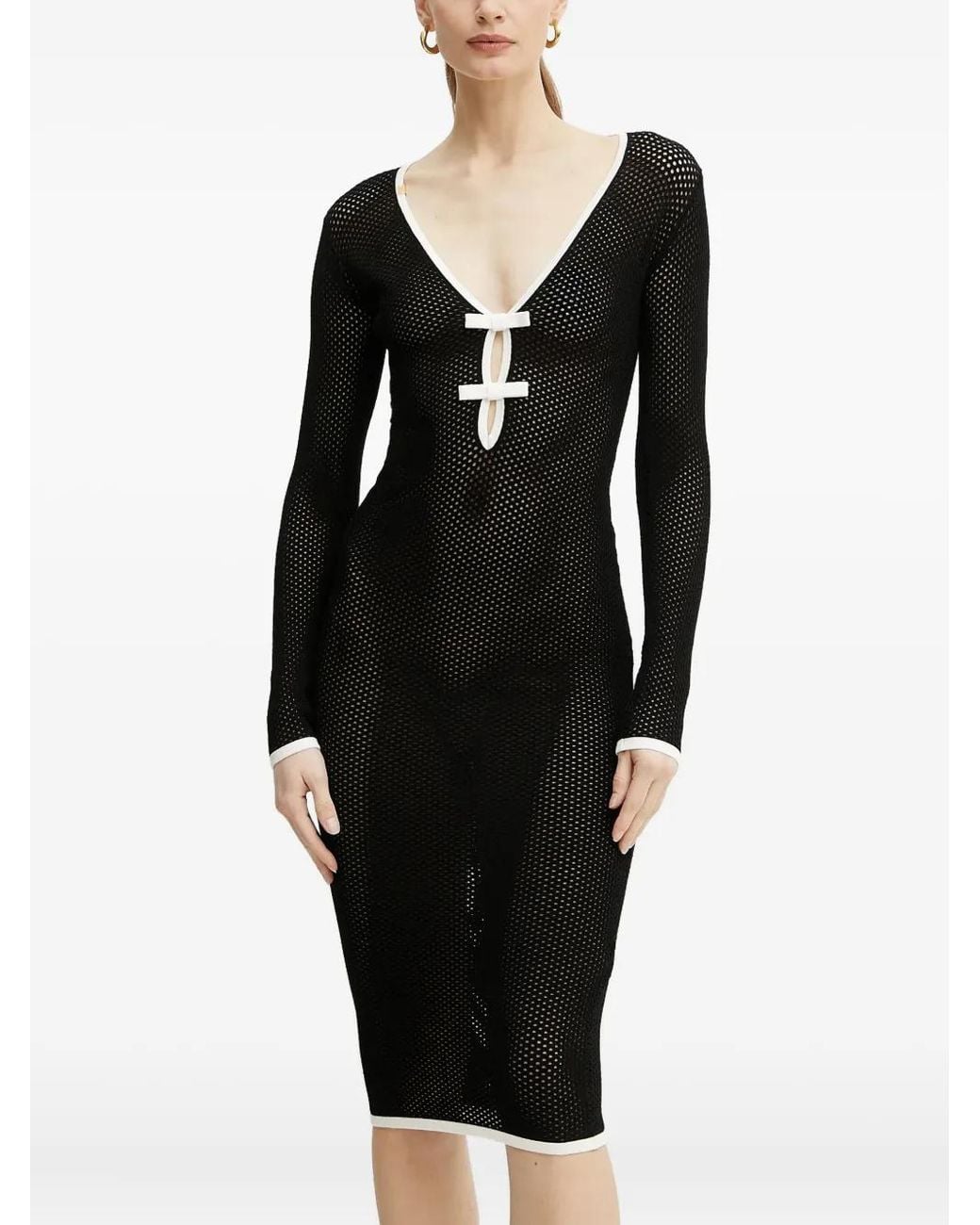 Elisabetta Franchi Black Mesh-Paneled V-Neck Midi Dress