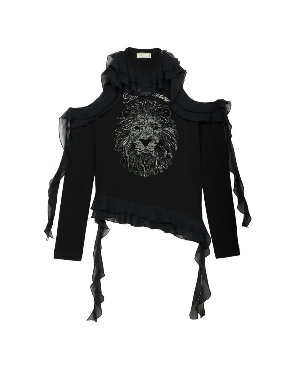 Blumarine Black Rhinestone-Embellished Ruffled T-Shirt