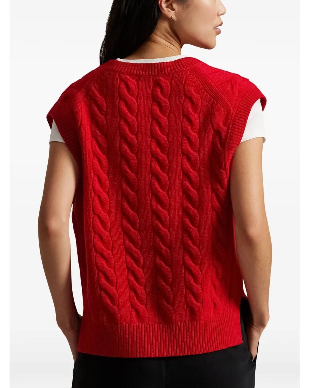 Polo Ralph Lauren Red Pull En Maille Torsadée À Col V