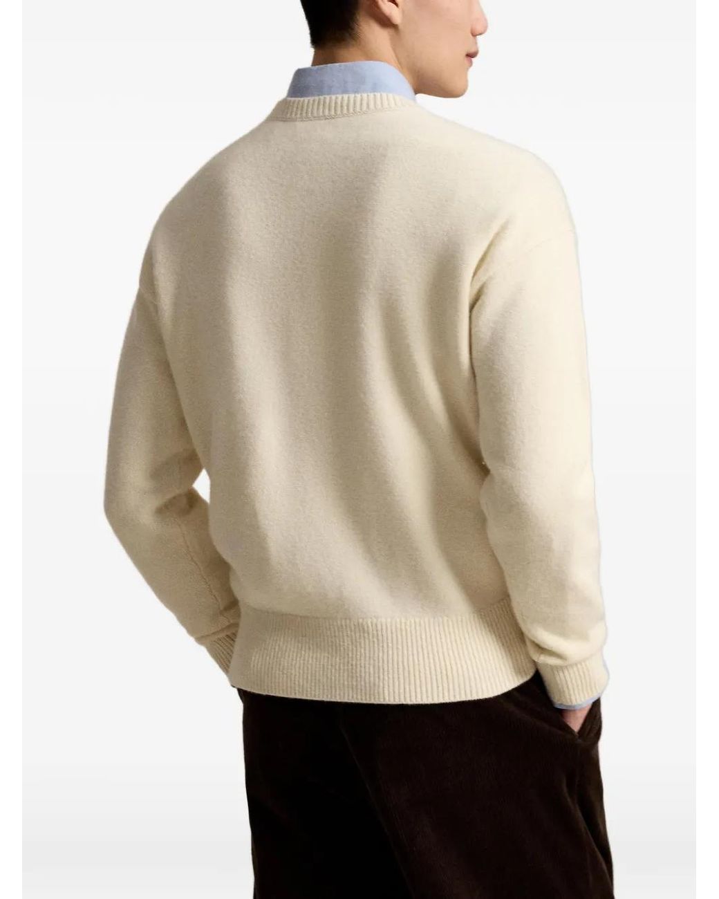 Polo Ralph Lauren Natural Cream-Colored Wool And Cotton Knit Crew-Neck Sweater With Logo Embroidery On The Chest for men
