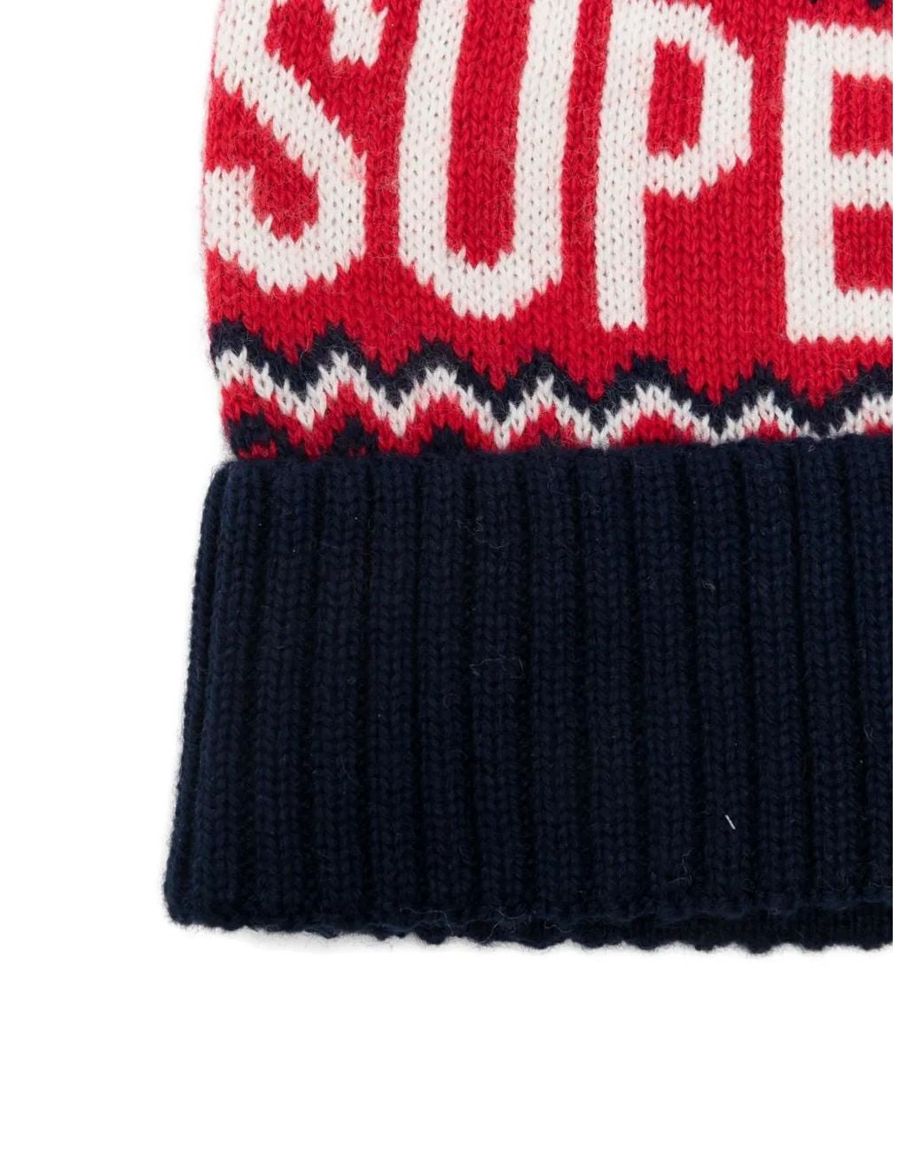 Superdry Red Pompom-Detail Patterned Beanie
