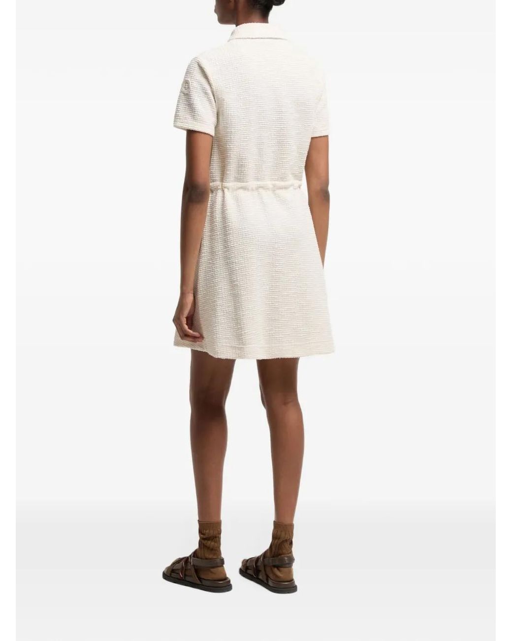 Moncler White Robe Courte En Bouclé À Lien De Resserrage À La Taille