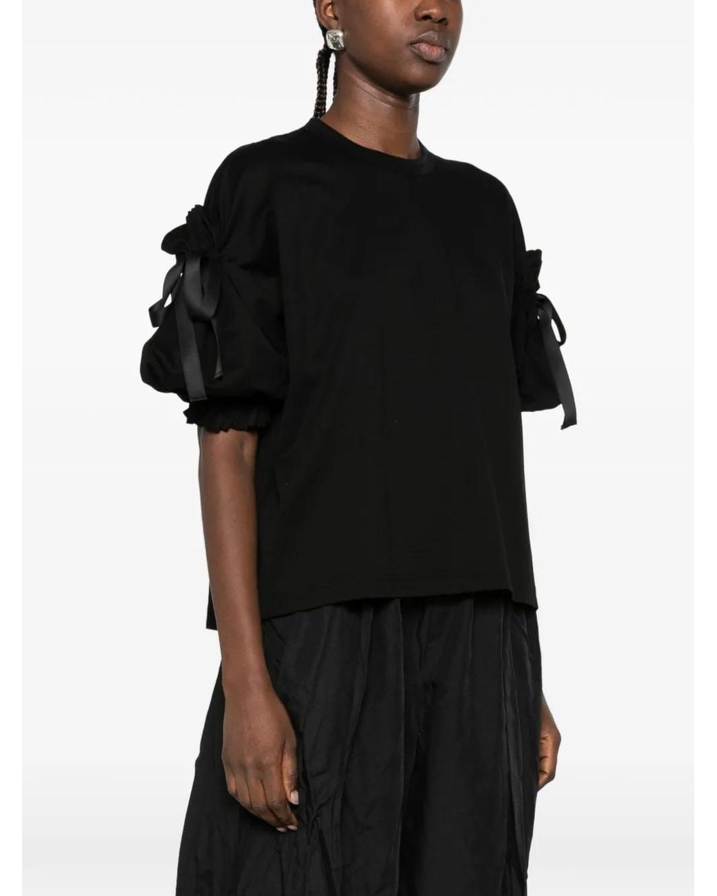 Noir Kei Ninomiya Black Bow-Embellished Ruffled-Sleeve T-Shirt