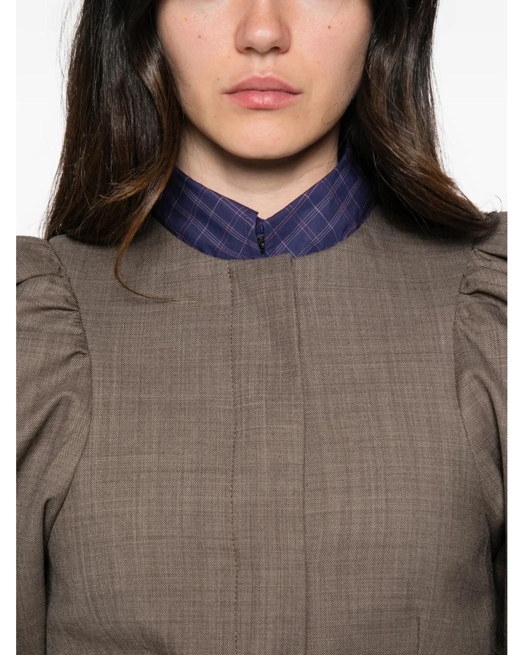 Ganni Brown Wool Melange Puffy-Sleeve Jacket