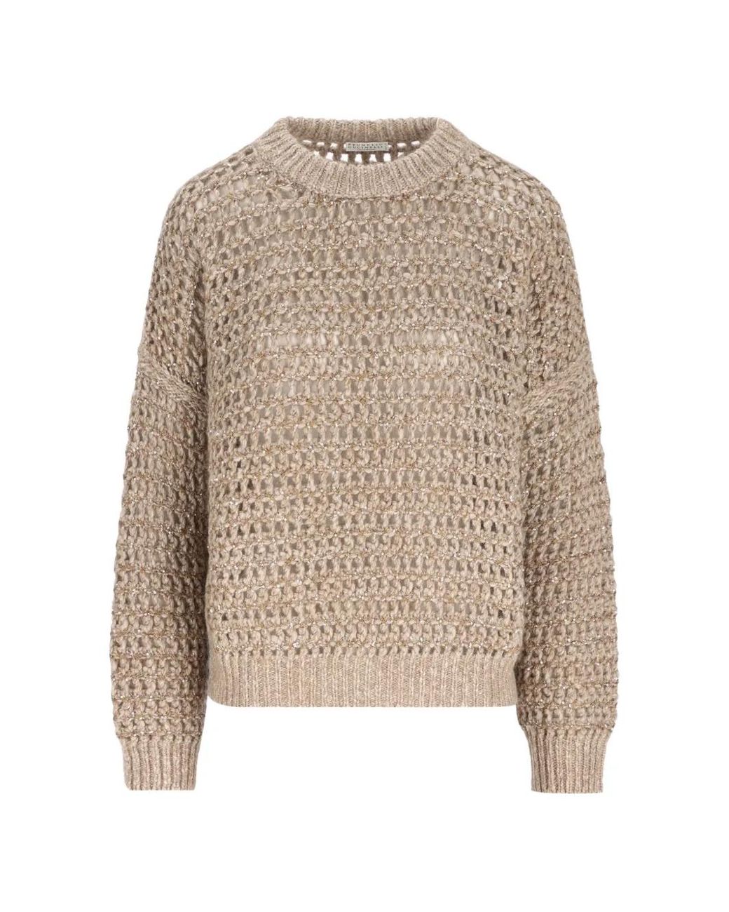 Brunello Cucinelli Natural Dazzling Soft Virgin Wool And Cashmere Net Sweater