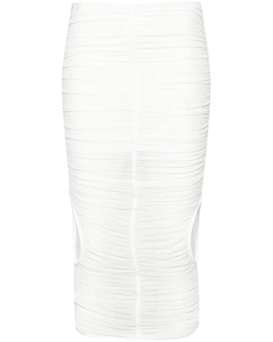 Mugler White Mesh Ruched Midi Skirt