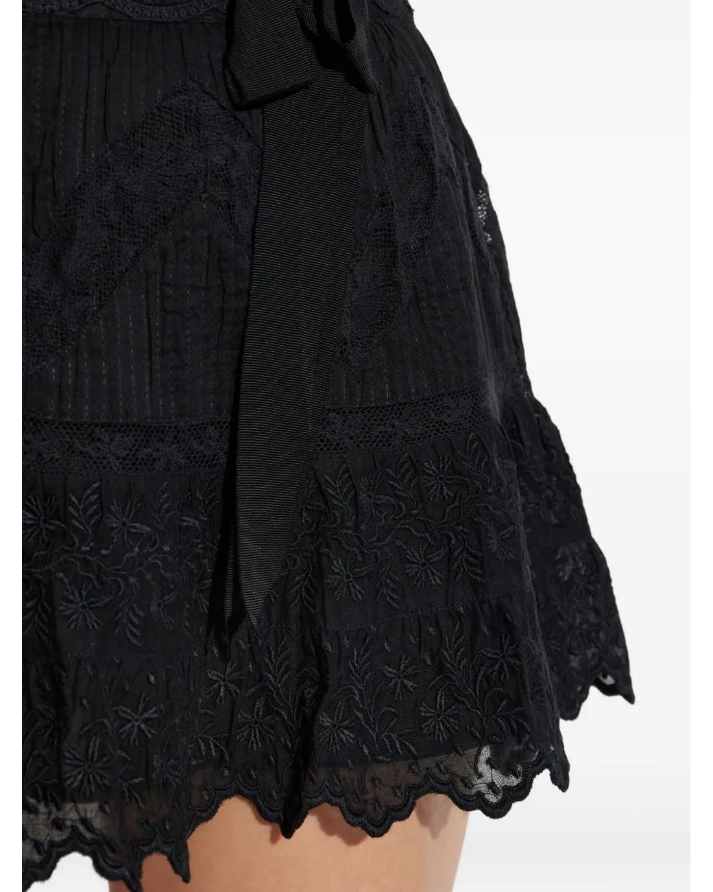 LoveShackFancy Black Embroidered Ruffled Skirt