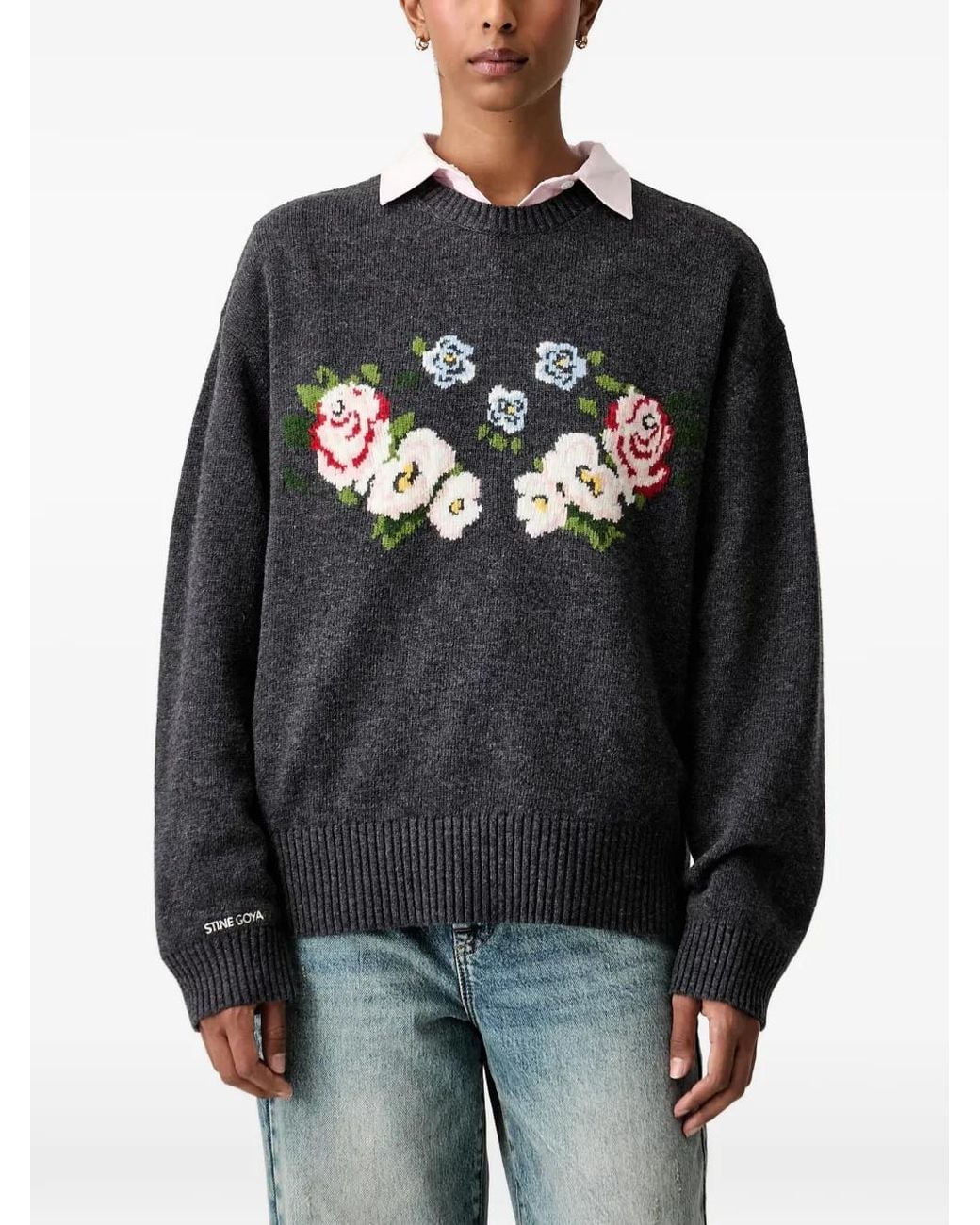 Stine Goya Black Floral-Intarsia Sweater