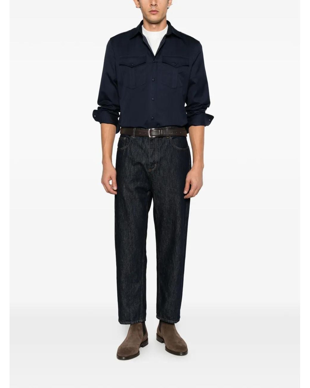 Brunello Cucinelli Blue Button-Flap Shirt for men