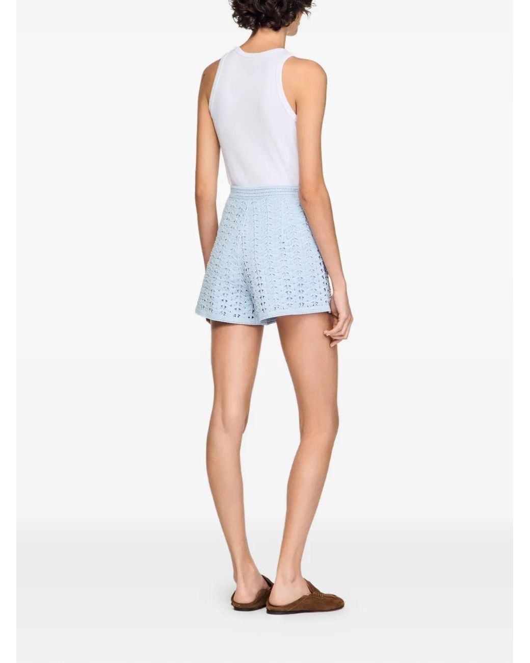 Sandro Blue High-Waisted Beaded Crochet Shorts