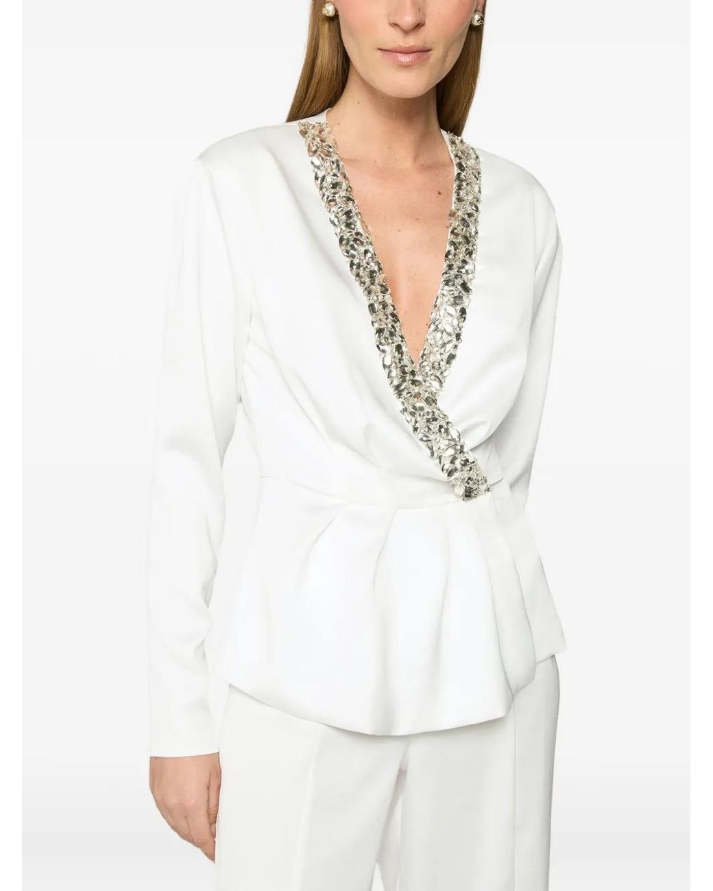Genny White Crystal-Embellished Wrap Blouse