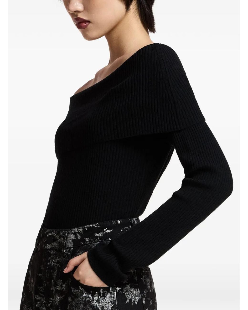 Essentiel Antwerp Black Killy Off-Shoulder Ribbed-Knit Sweater