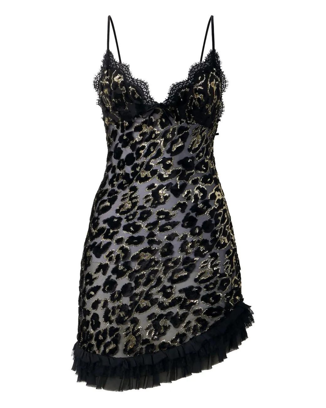 Roberto Cavalli Black Lace-Trimmed Leopard-Pattern Mini Dress
