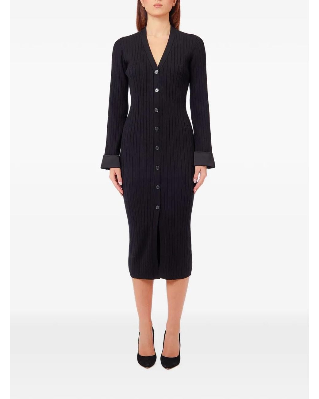 Liu Jo Black Ribbed-Knit Button-Down Midi Dress