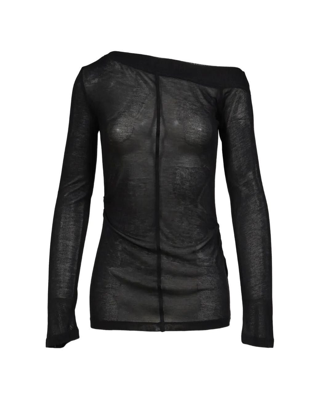 BOHEMSEO Black Off-Shoulder Sheer Long-Sleeved T-Shirt