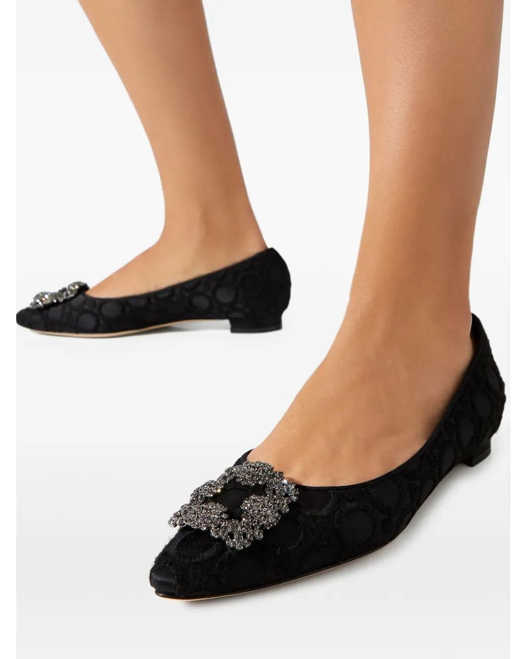 Manolo Blahnik Black Hangisi Flat Crystal-Buckle Ballet Flats
