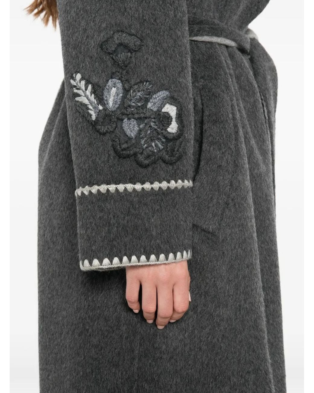 ERMANNO FIRENZE Black Floral-Embroidered Belted Coat