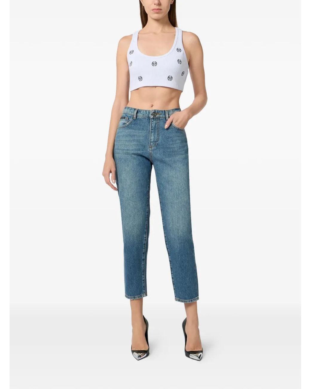 Philipp Plein White Monogram Ribbed Top