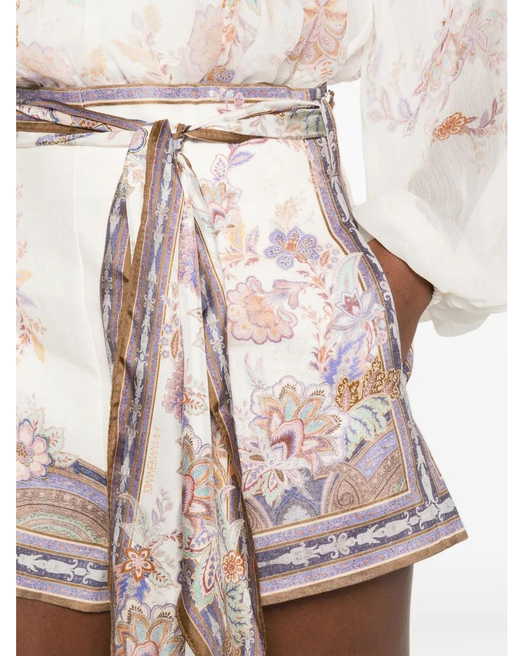 Zimmermann Natural Luna Floral-Print Belted Mini Shorts