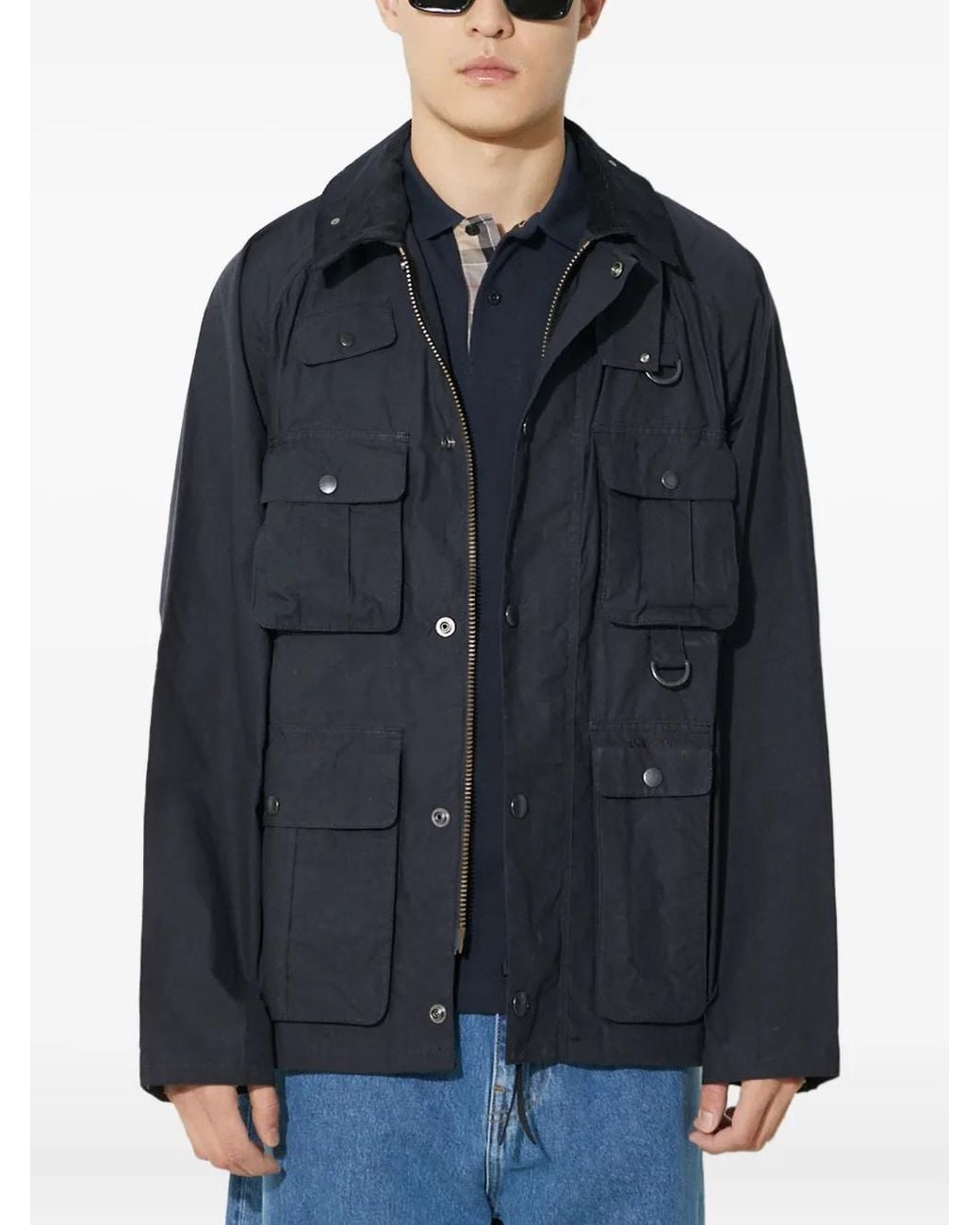 Barbour Blue Multiple-Pocket Corduroy-Collar Jacket for men