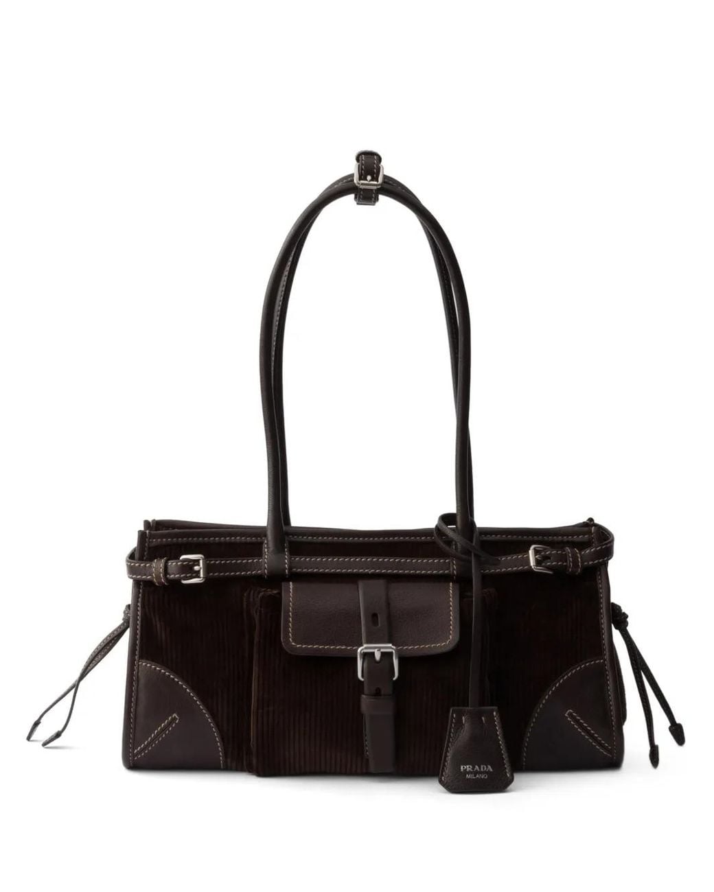 Prada Black Bonnie Medium Corduroy And Leather Handbag