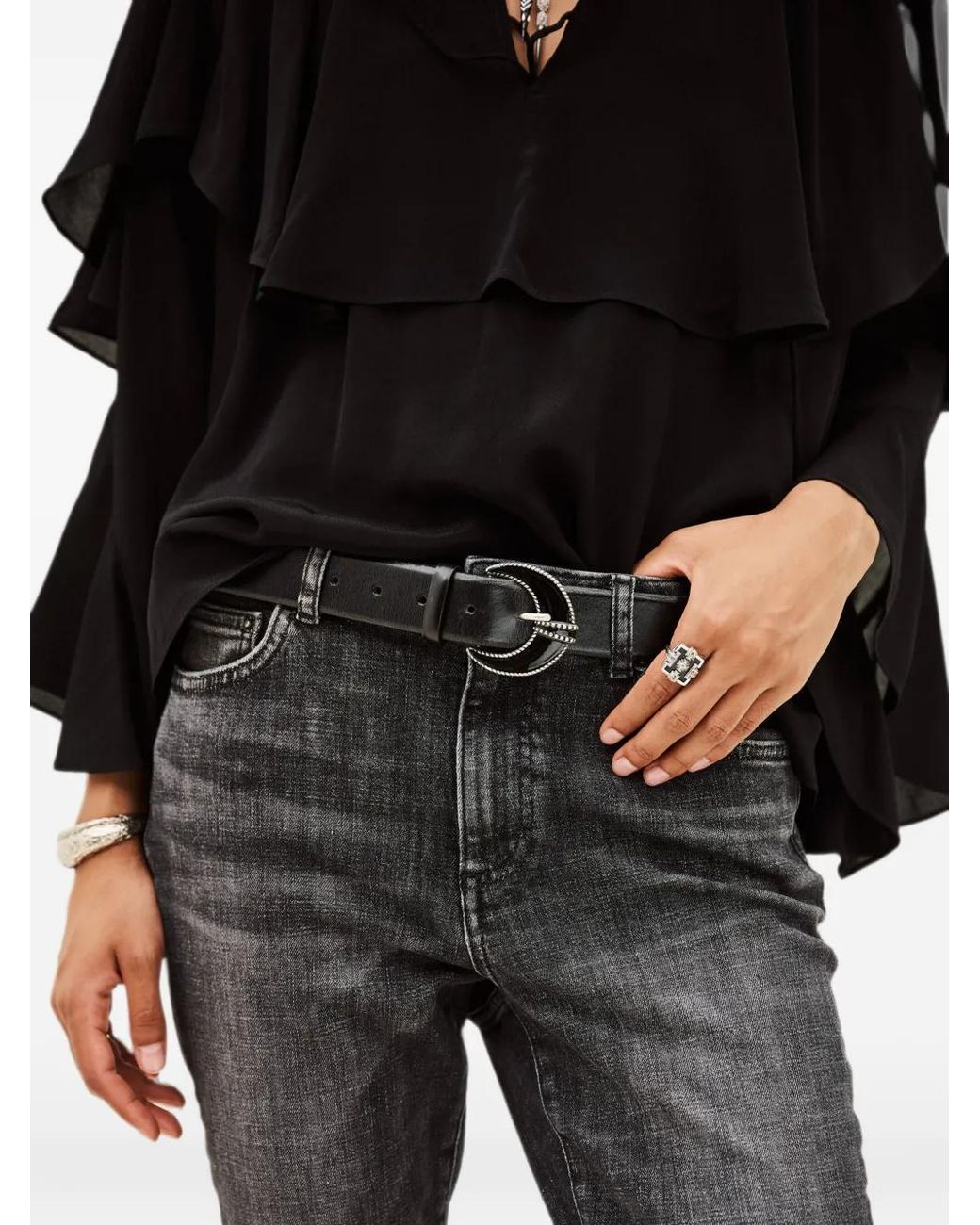 Ba&sh Black Engraved-Buckle Leather Belt