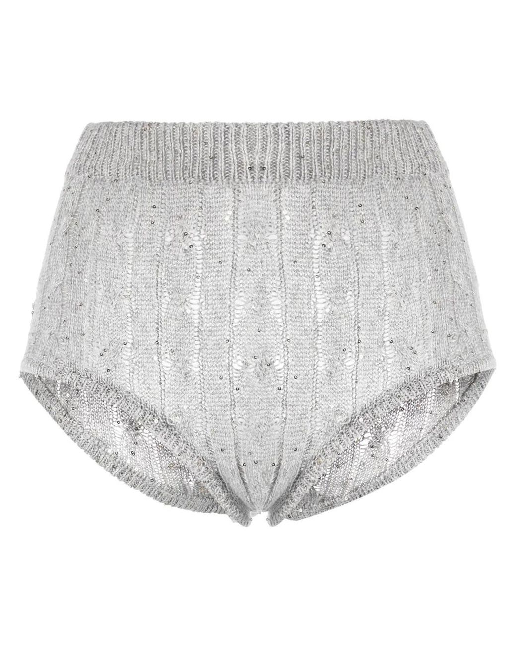 Brunello Cucinelli White Sequin-Detail Knitted Mini Shorts