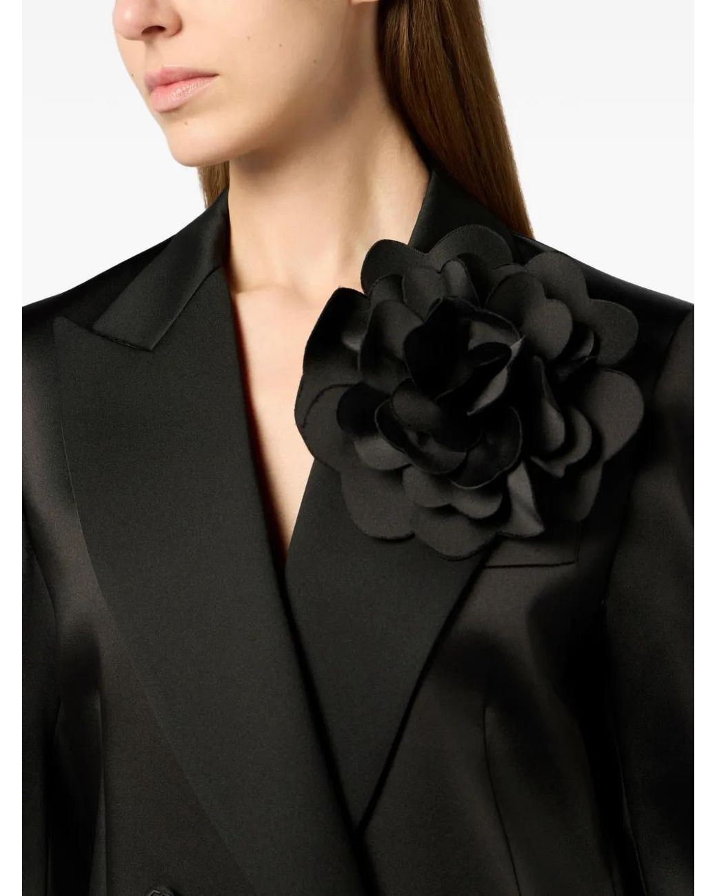 Philipp Plein Black Double-Breasted Satin Blazer Roses
