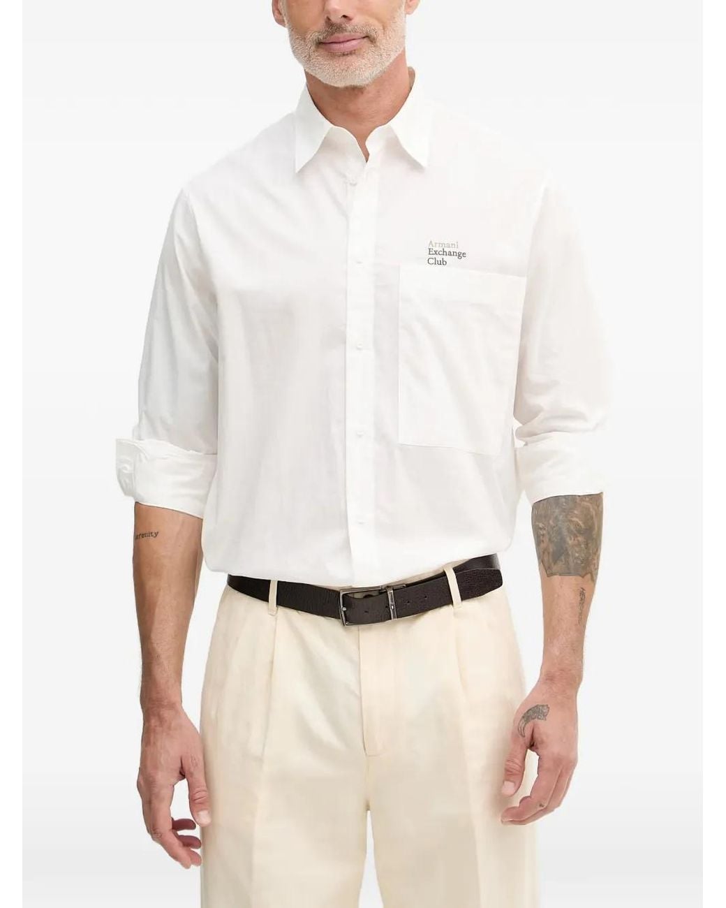 ARMANI EXCHANGE White Logo-Print Chest-Pocket Shirt for men