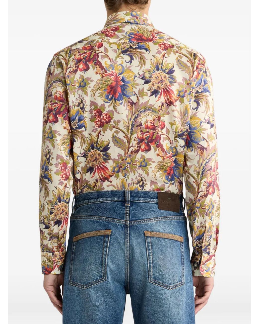 Etro White Cotton Satin Shirt With Floral-Motif for men