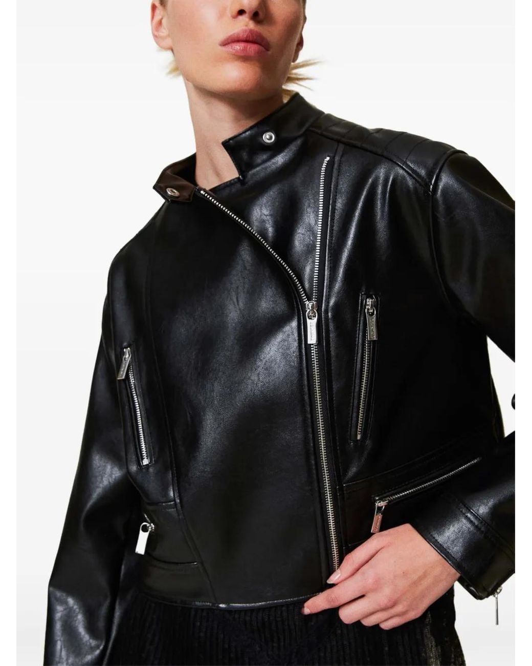 Twinset Black Faux-Leather Biker Jacket