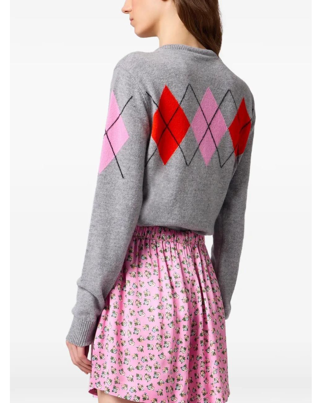 MSGM Gray Argyle-Pattern Button-Up Cardigan