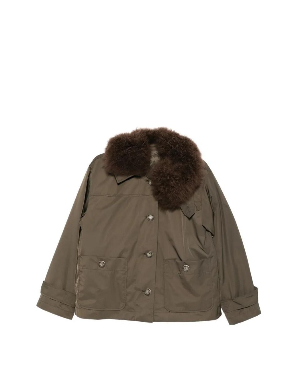 Lou Andrea Brown Shearling-Collar Button-Up Jacket