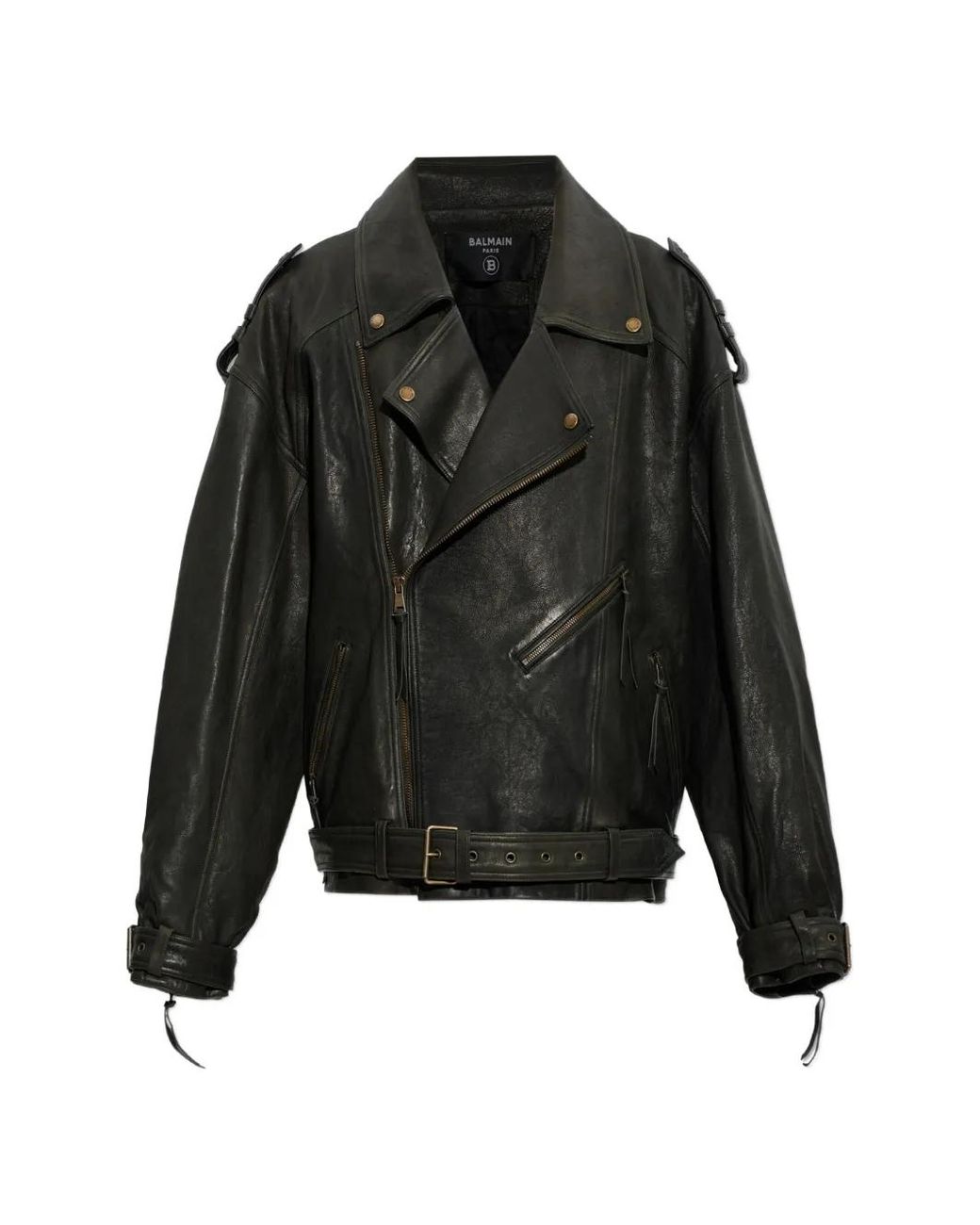 Balmain Black Veste En Cuir À Taille Ceinturée for men