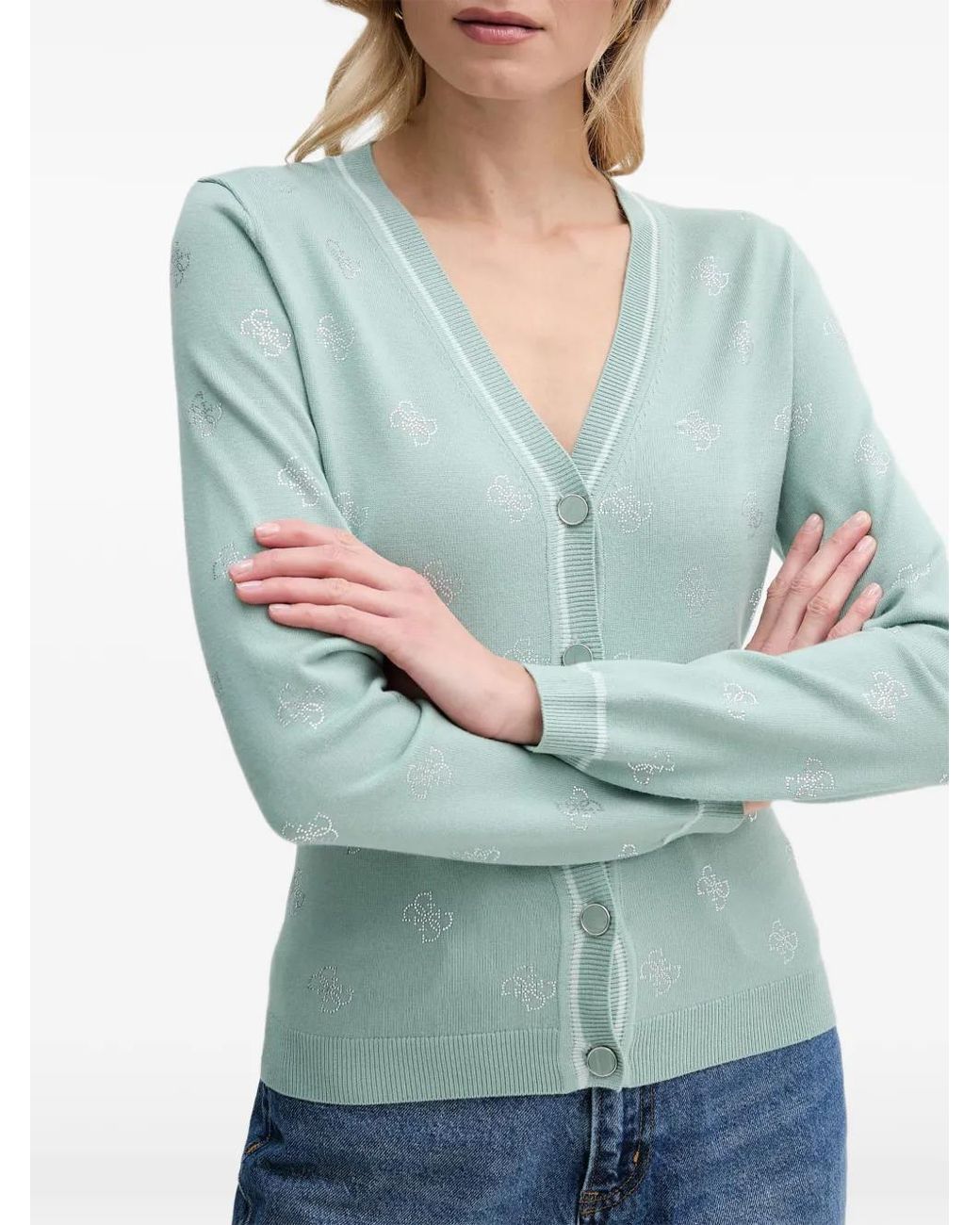 Guess Blue Cardigan À Col V Et Logo À Strass