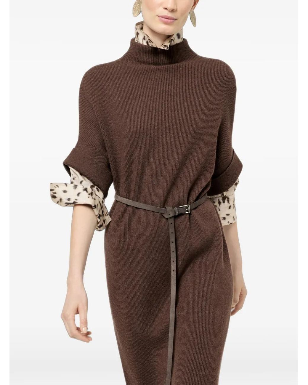 Brunello Cucinelli Brown Cashmere Rib-Knit Mock-Neck Dress
