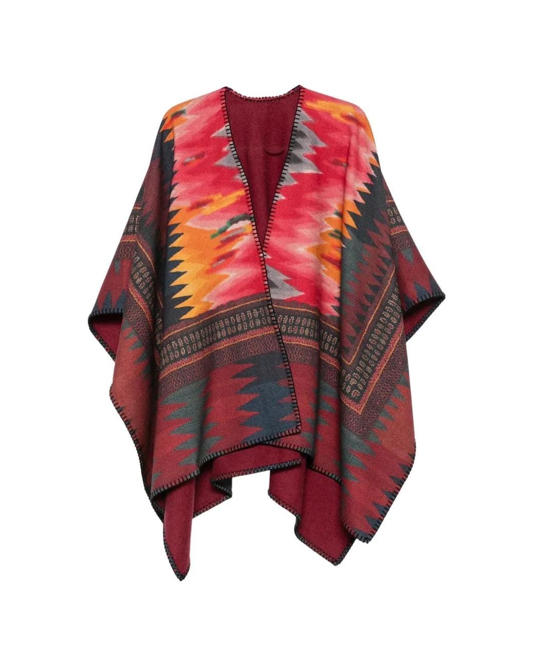 Pierre Louis Mascia Red Geometric-Pattern Blanket-Stitch Poncho