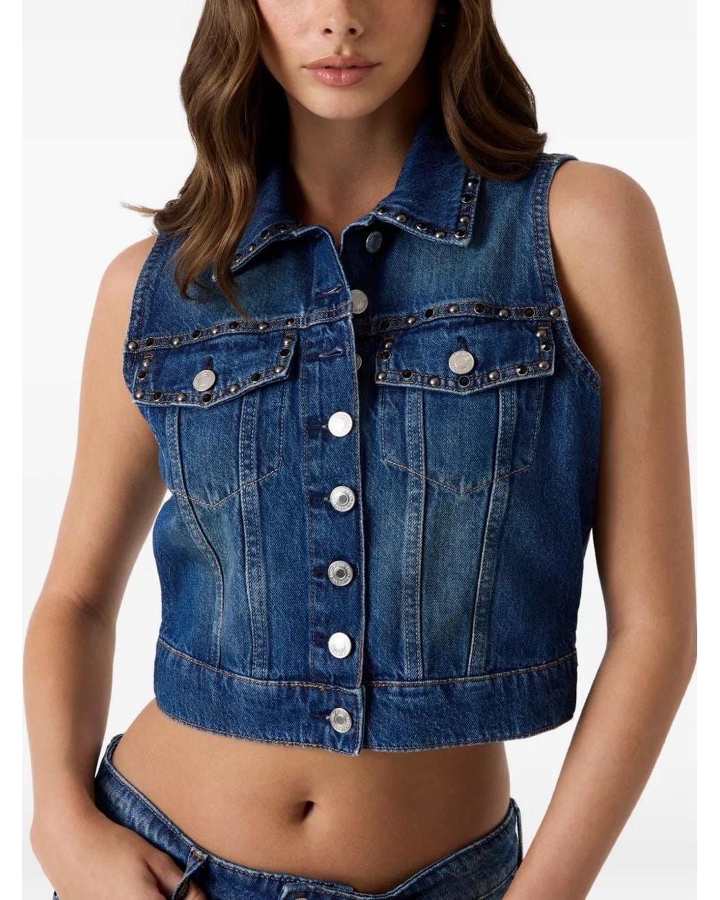 Guess Blue Jill Stud-Embellished Denim Vest