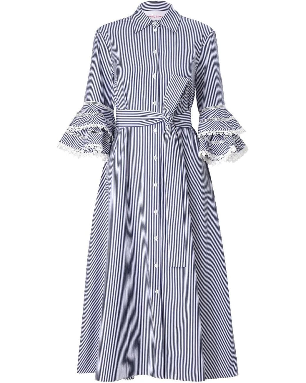 Carolina Herrera Lace-Trim Striped Shirt Dress in Blue | Lyst 