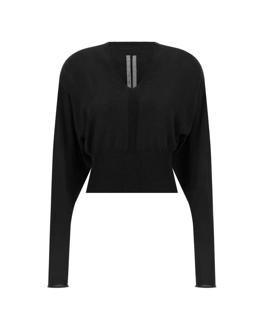Rick Owens Black Long-Sleeved Virgin Wool V-Neck Top With Ribbed Hem