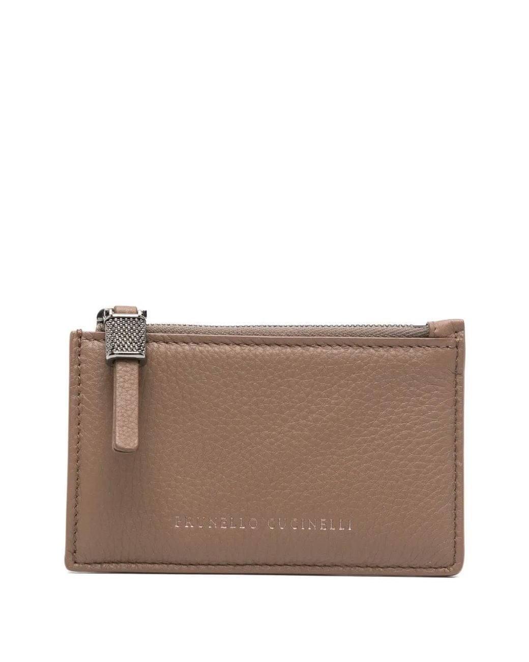Brunello Cucinelli Brown Grained Calfskin Card Case With Shiny Zipper Pull