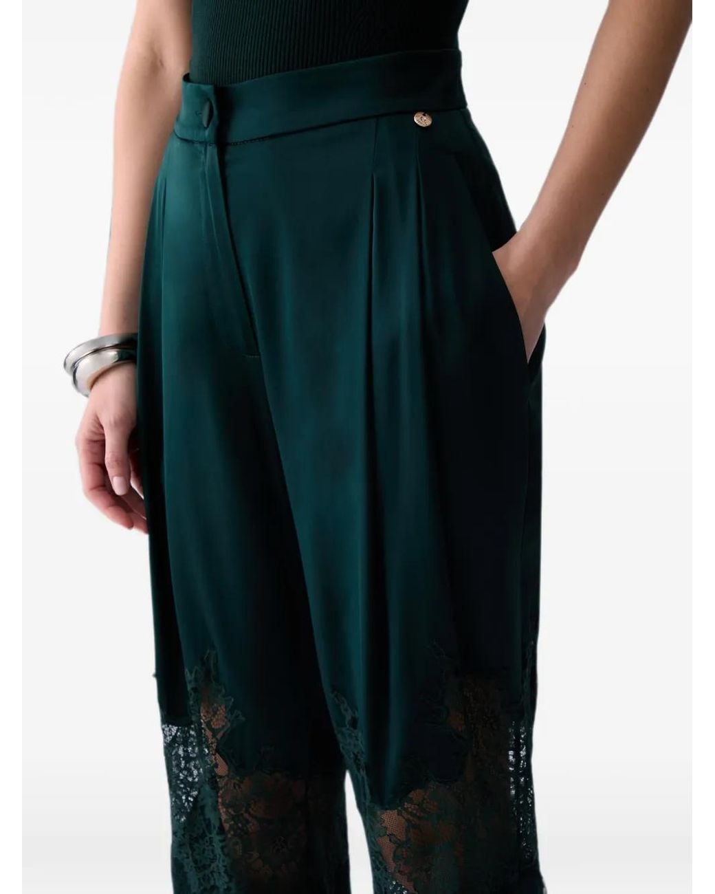 Liu Jo Green Satin Trousers With Lace Details