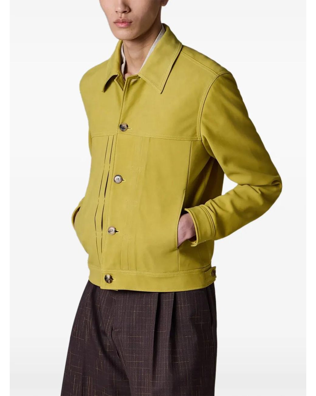 Paul Smith Yellow Nubuck Leather Pleated Trucker Jacket for men
