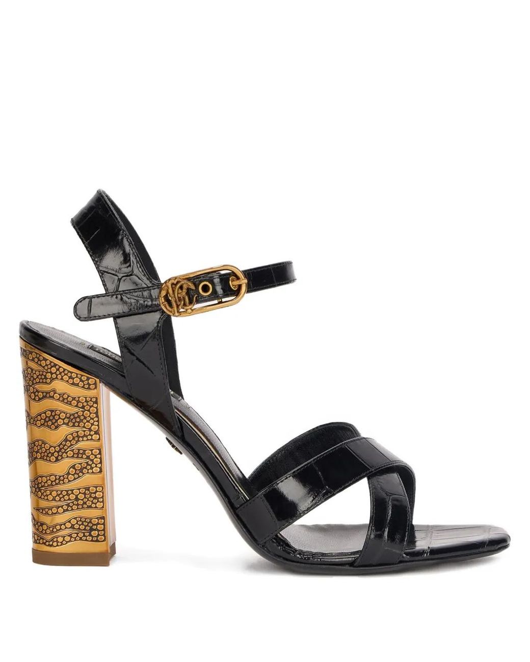 Roberto Cavalli Metallic Crocodile-Effect Cross-Strap Sandals