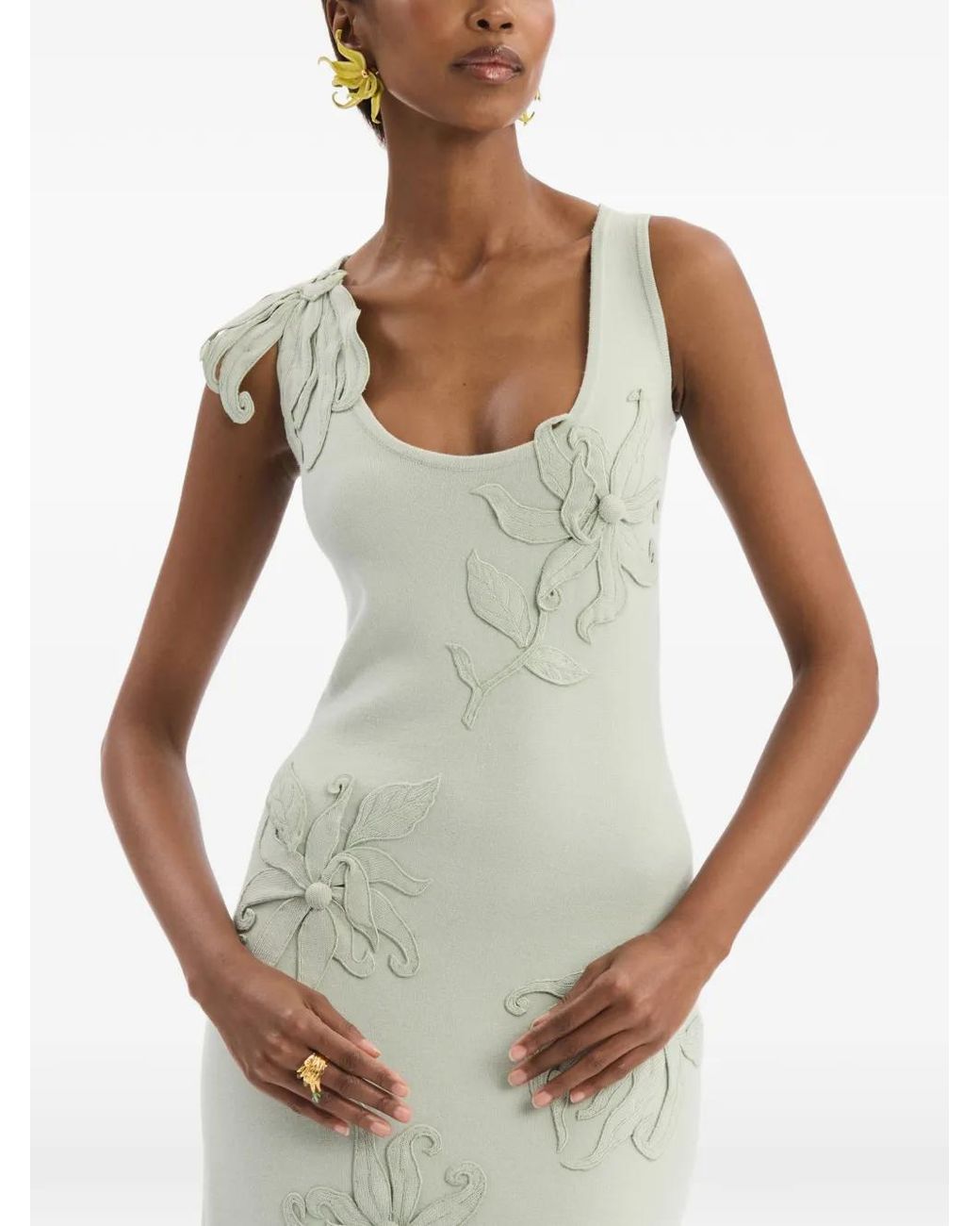 Oscar de la Renta White Hibiscus-Embroidered Knit Pencil Dress